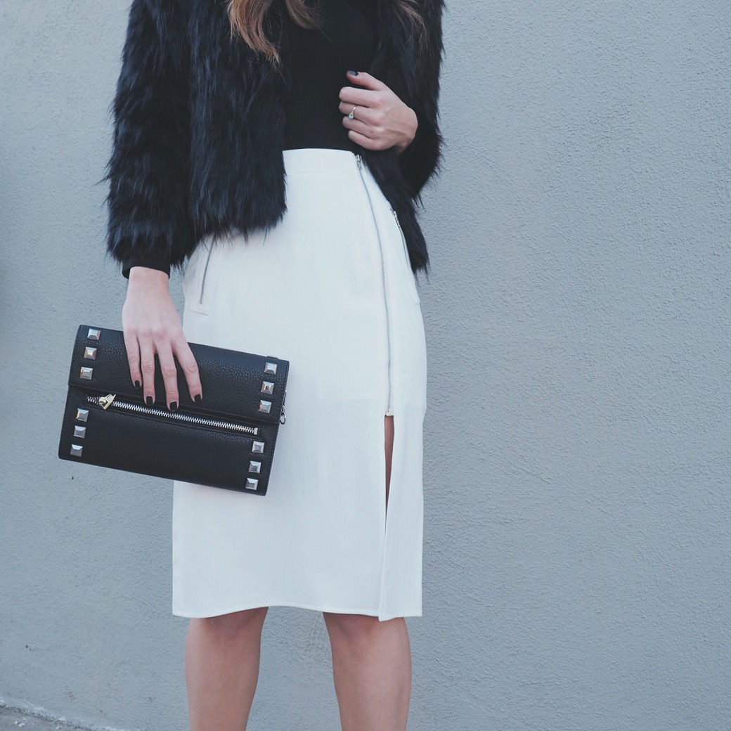 faux fur jacket white zipper pencil skirt