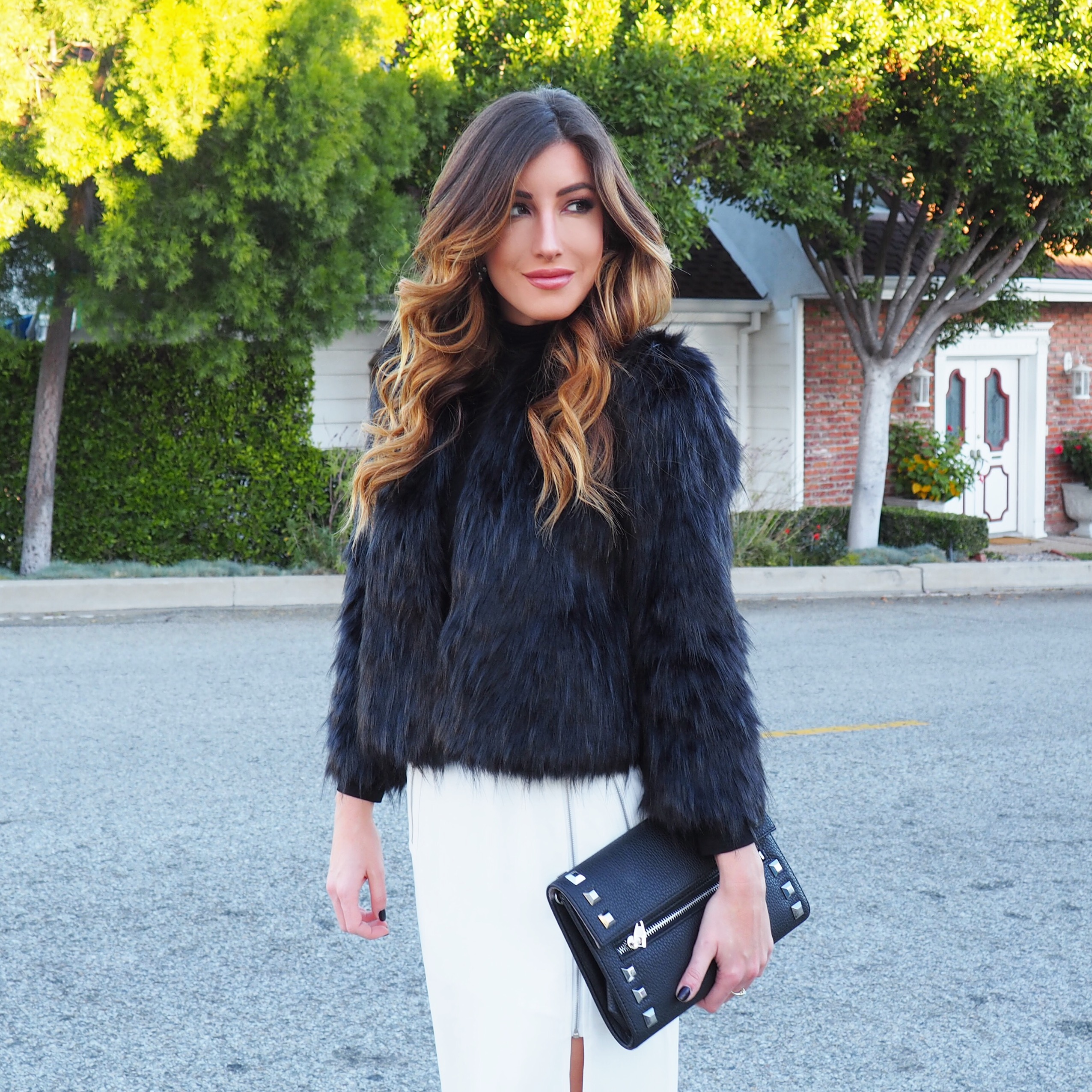 faux fur jacket white zipper pencil skirt