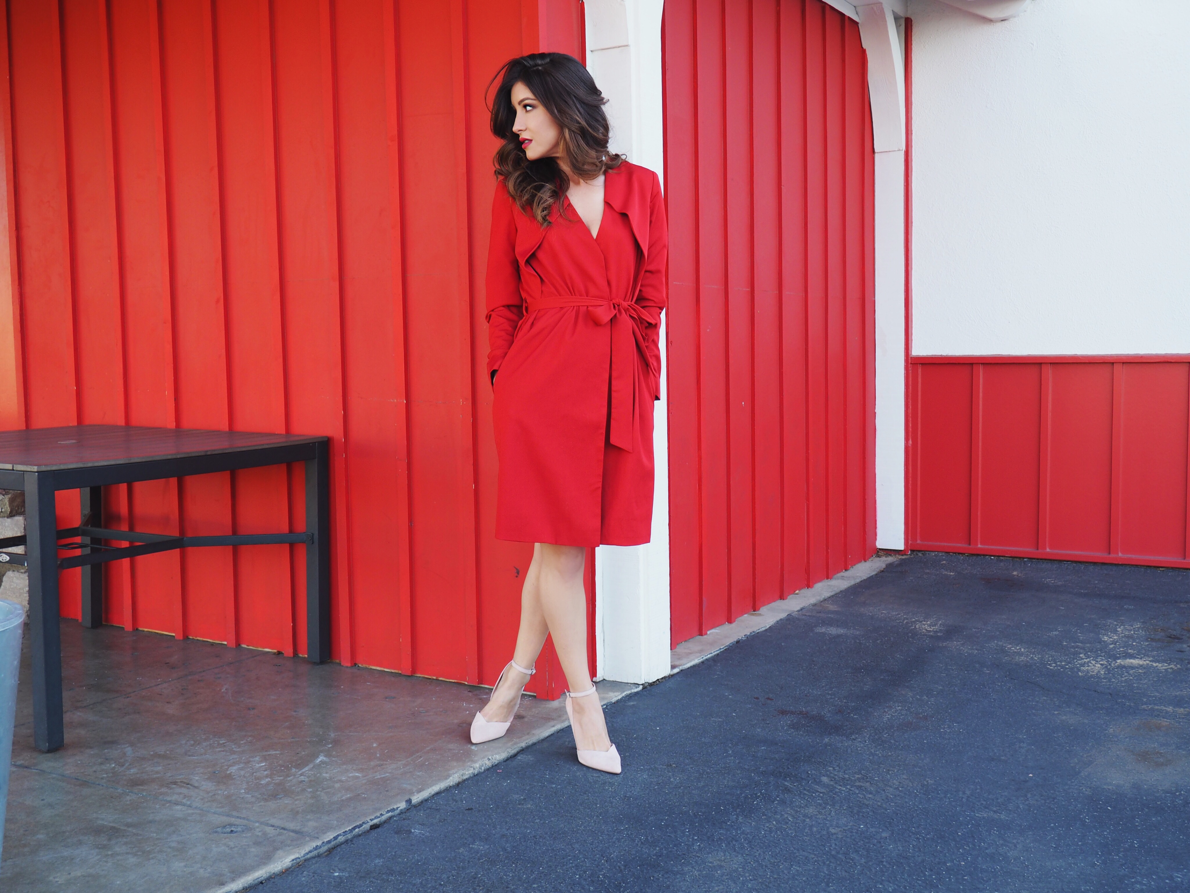 red belted trench coat