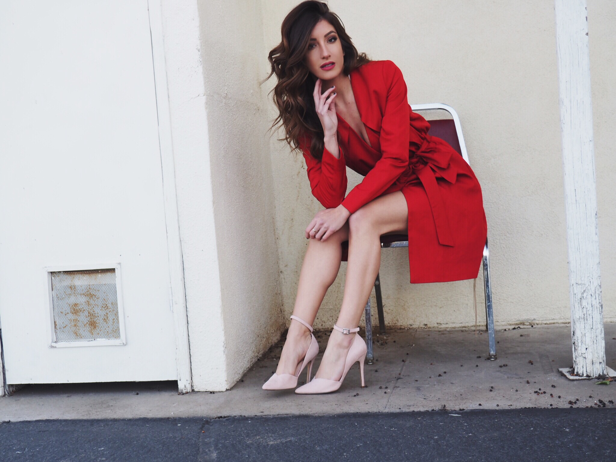 red belted trench coat