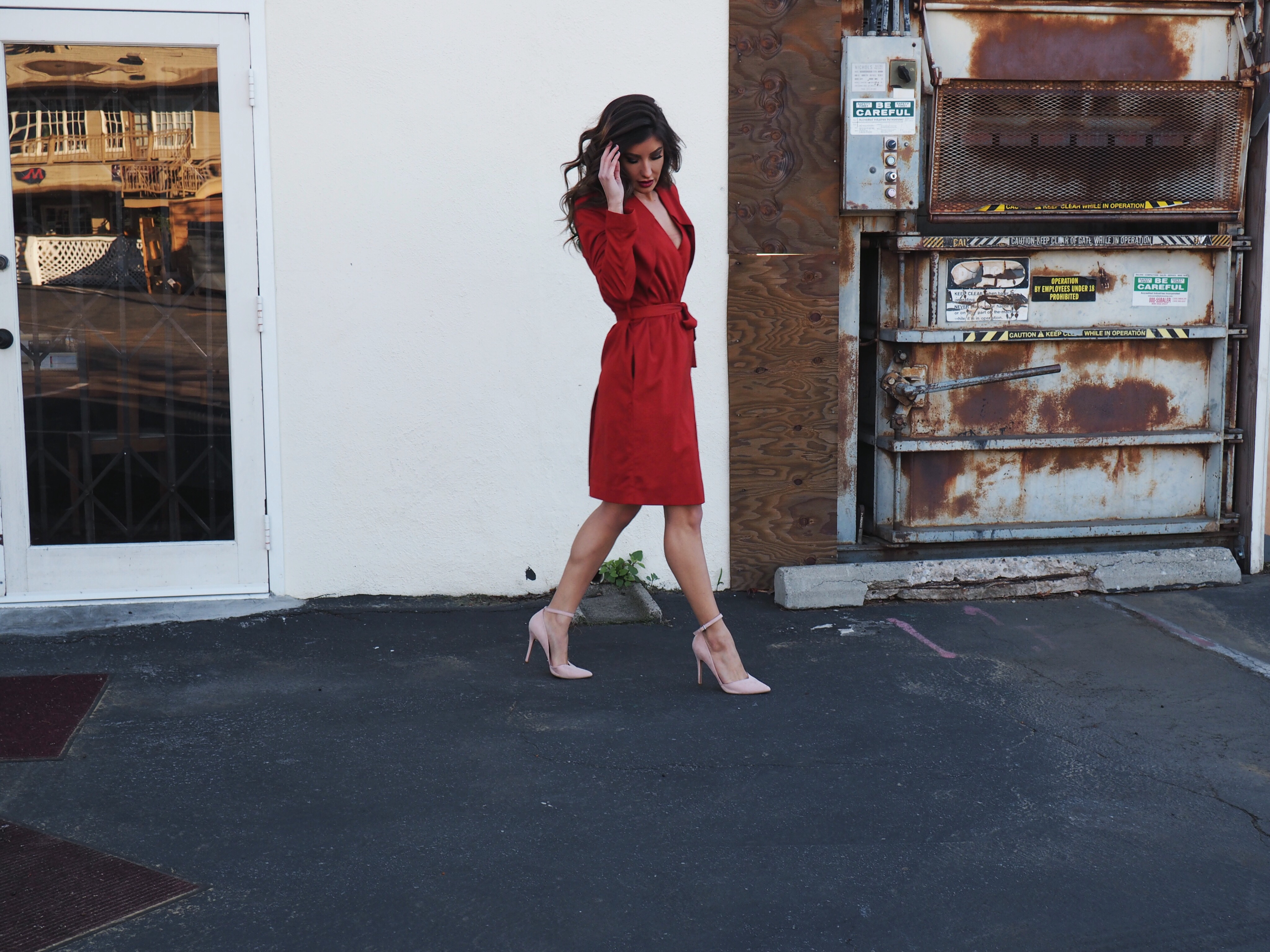 red belted trench coat