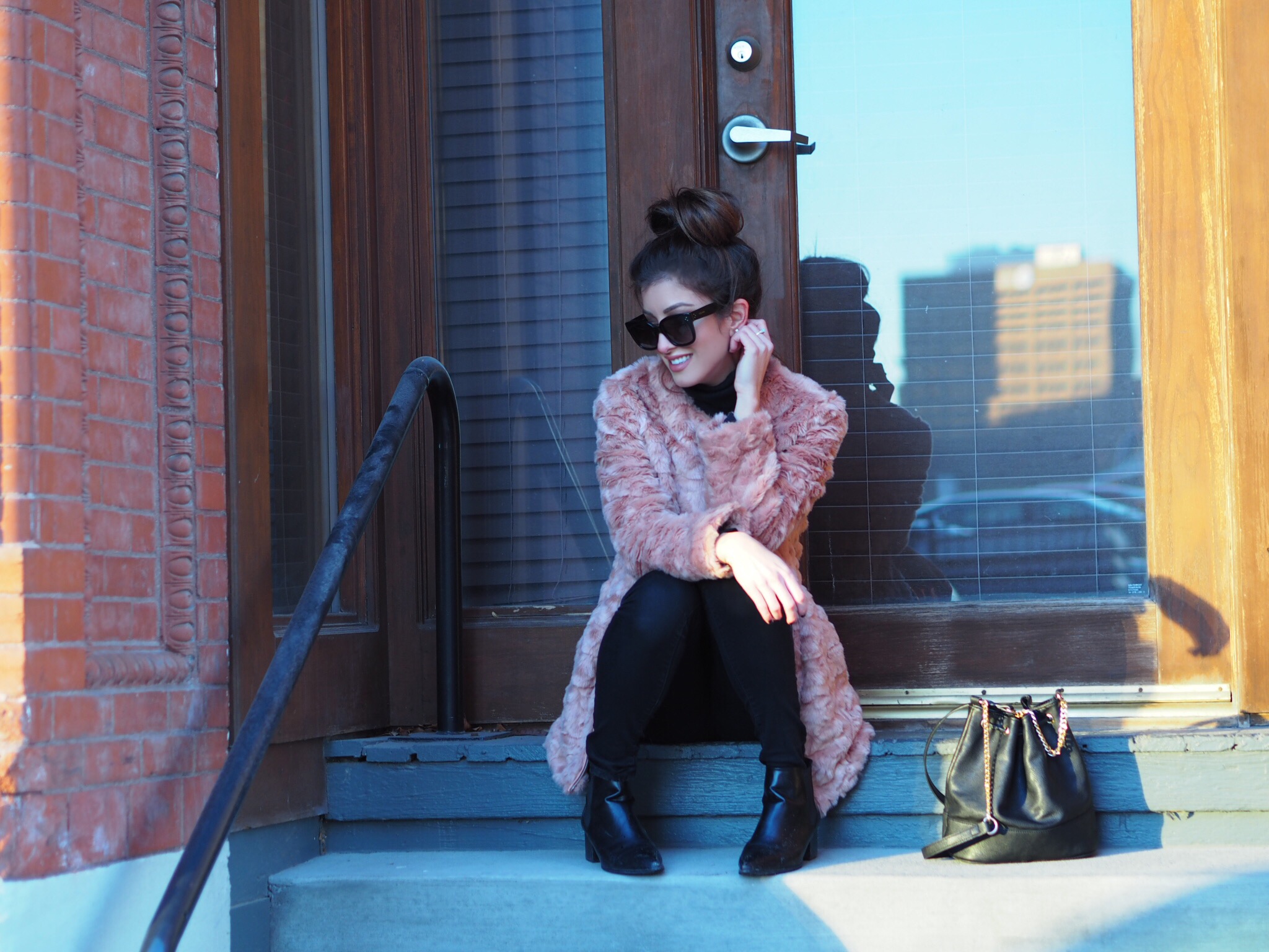 pink faux fur coat