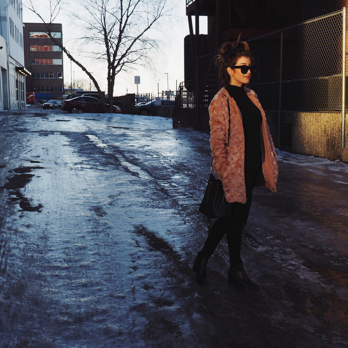 pink faux fur coat
