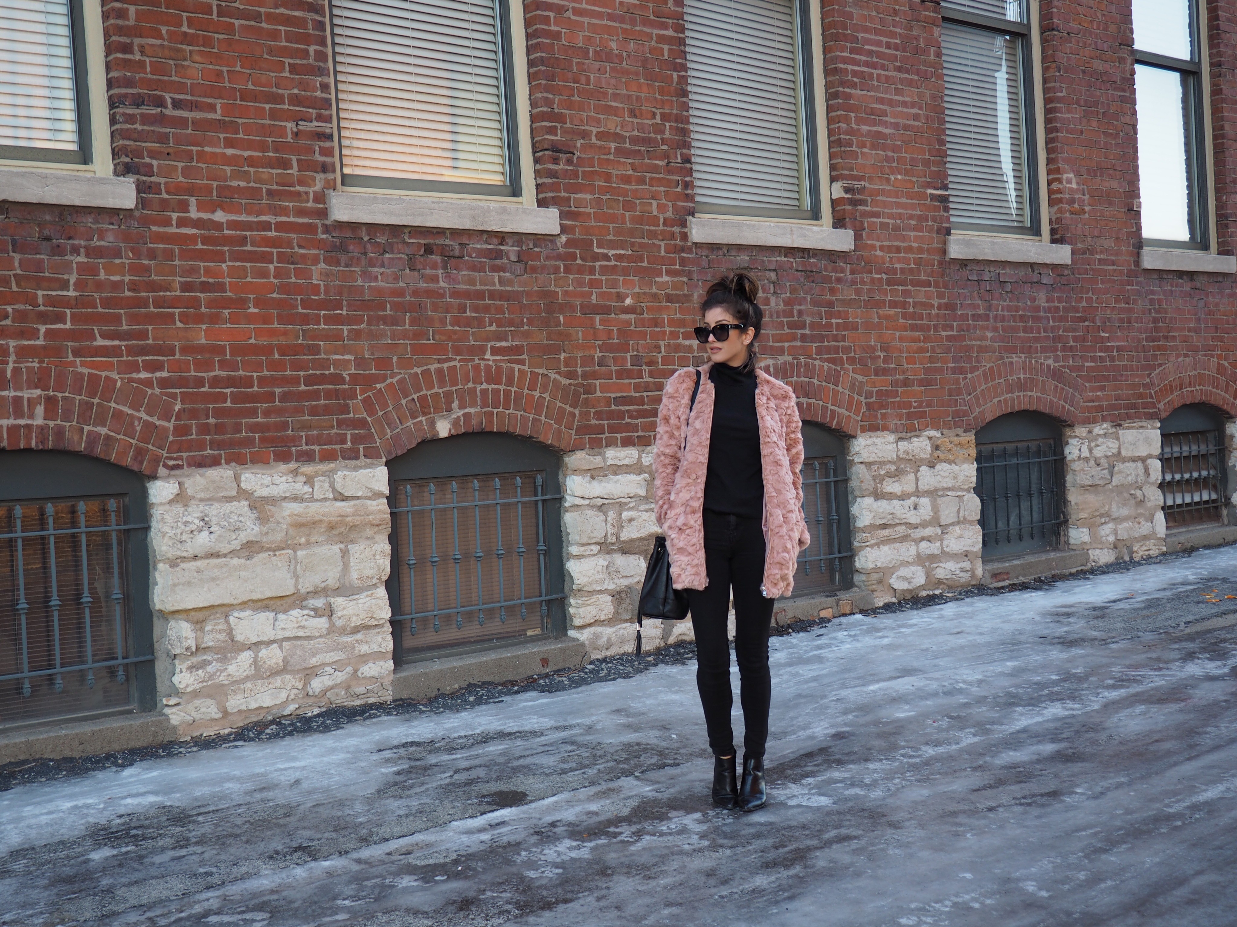 pink faux fur coat