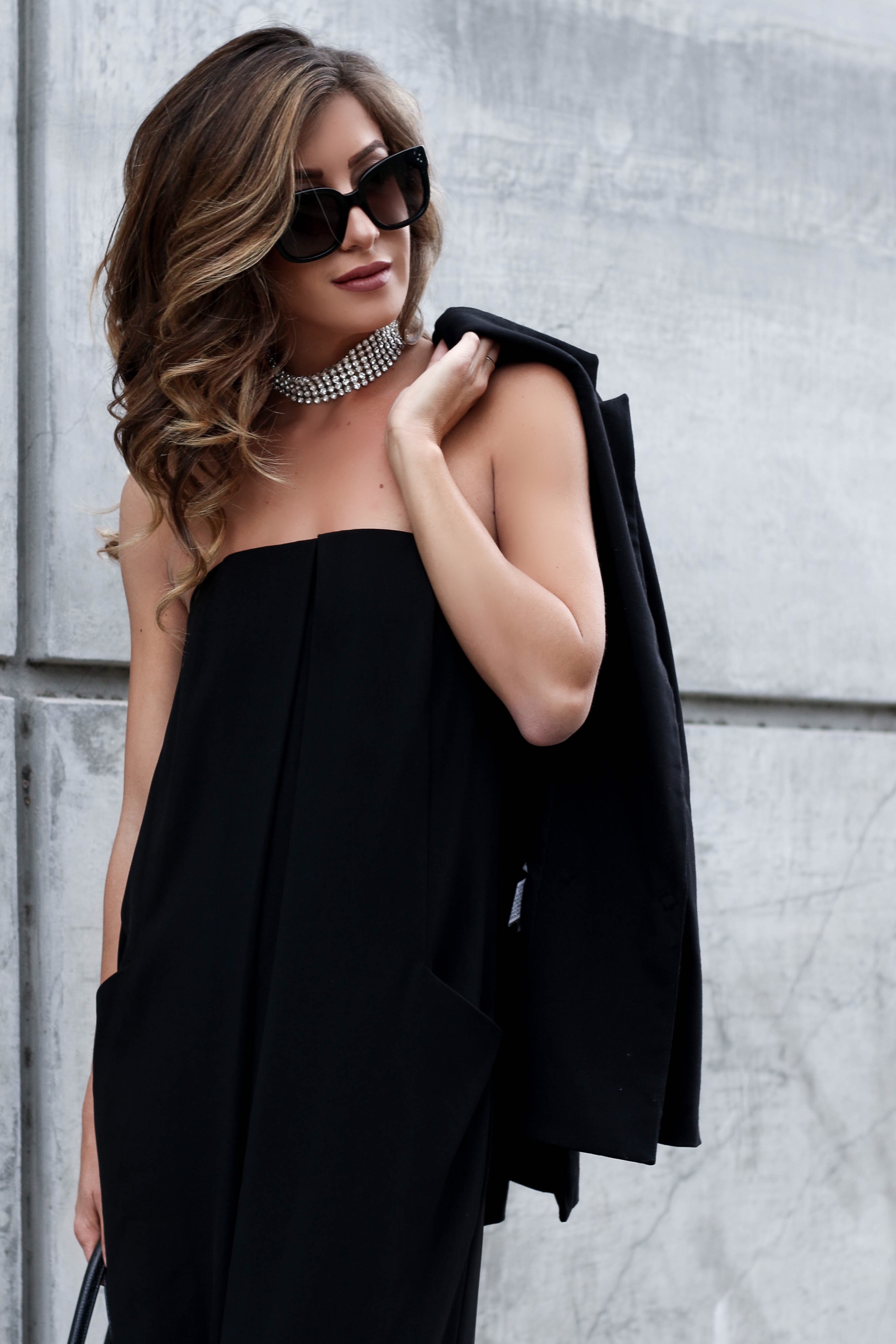 black strapless jumpsuit