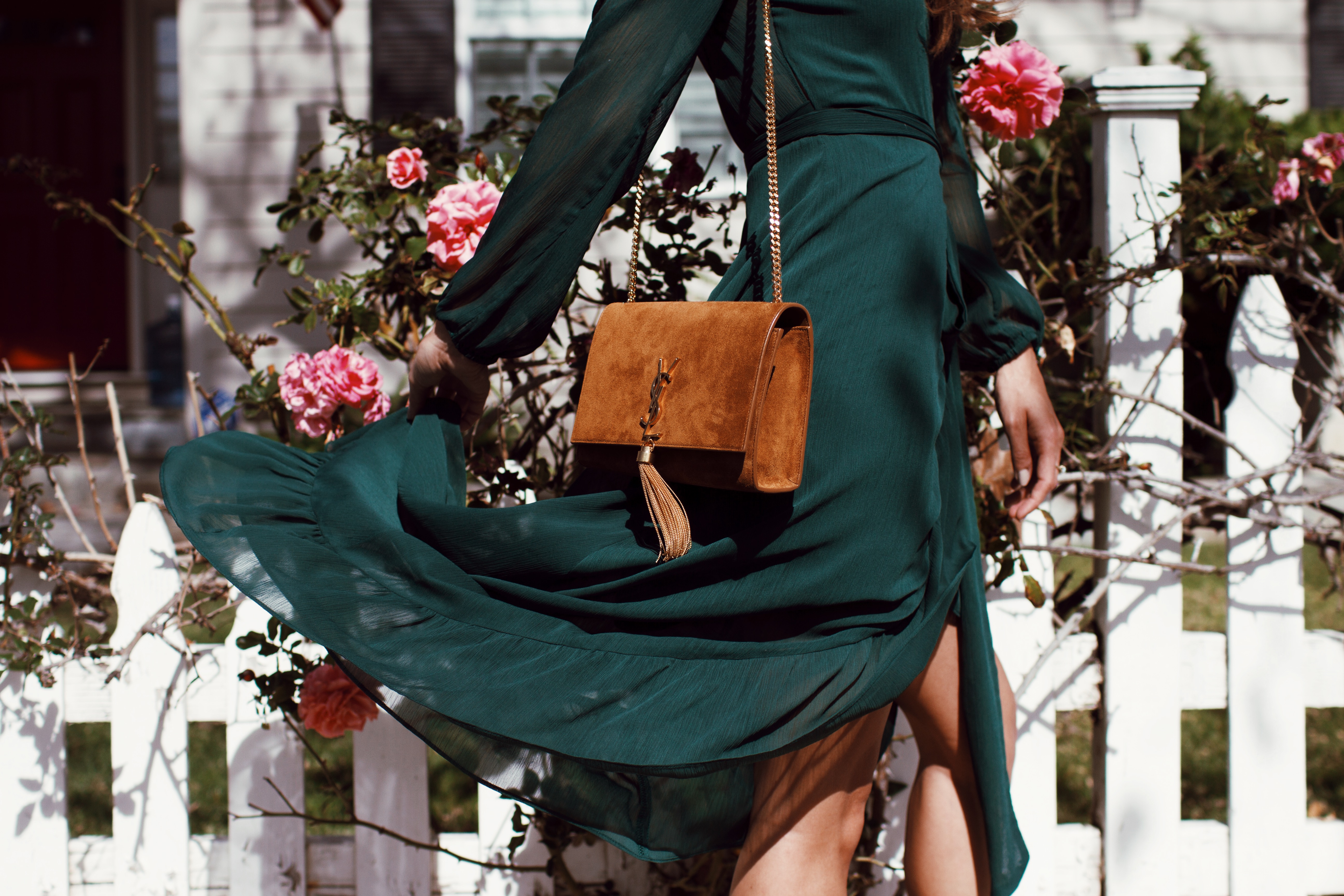 wayf bloomingdales green ruffle dress